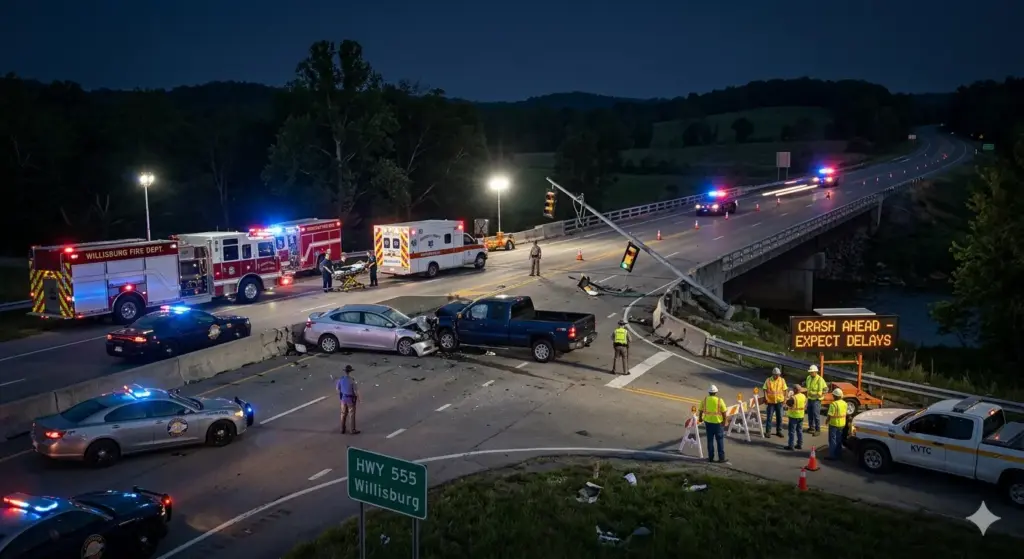 Willisburg, KY – Two-Vehicle Crash Damages Traffic Signal on Hwy 555