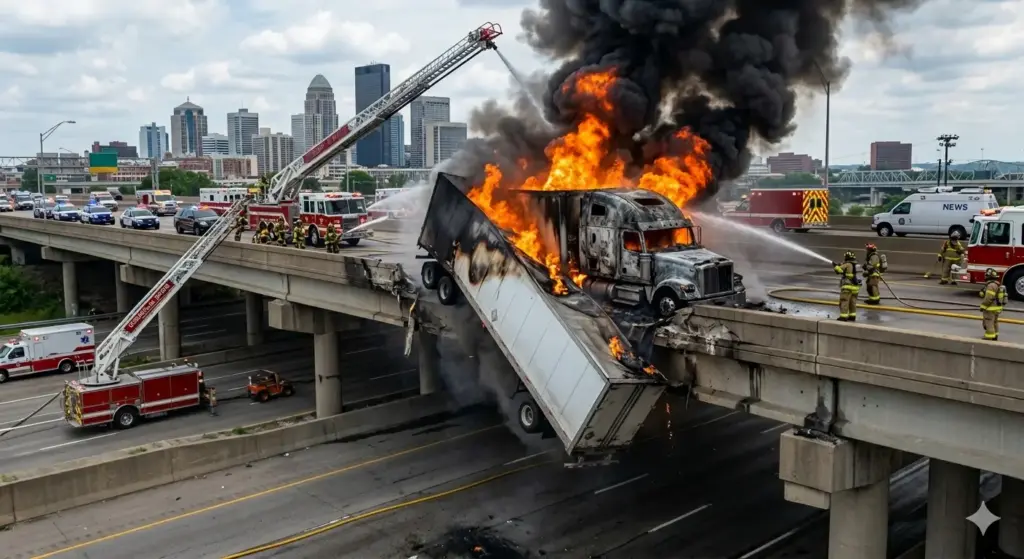 Semi-Truck Catches Fire and Falls Off I-65 Overpass in Downtown Louisville